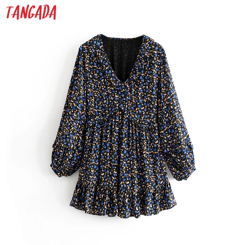 Tangada женское милое шифоновое мини-платье с оборками и v-образным вырезом, с длинным рукавом, плиссированные женские свободные платья vestidos 3H29
