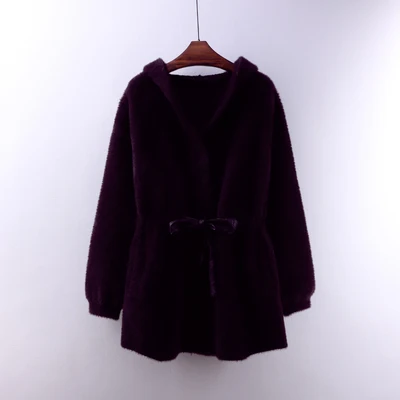 Purple gray Осенне-зимний женский свитер, норковый кашемировый кардиган, куртка, пальто с капюшоном, толстые теплые вязаные кардиганы, элегантные свитера, джемперы - Цвет: Purple gray
