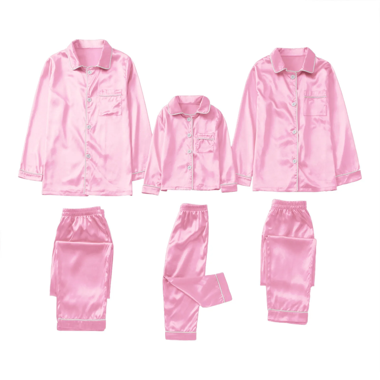 thumbnail image 1 of Pijamas de satén PJ's 2 piezas conjuntos de ropa familiar sólida de invierno conjunto de pantalones de dormir de manga larga para bebés, niños, niñas, mujeres y hombres navidad, 1 of 5