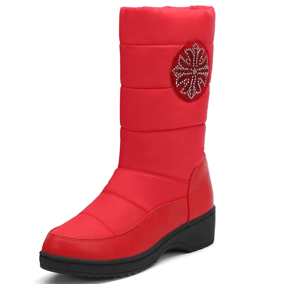NASBAVI new Big size 35-43 New warm plush snow boots women platform boots solid color round head mid-calf snowflake crystal boot - Цвет: red