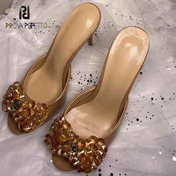 

Prevo Perfetto 2020 Spring Autumn New Fashion Closed Toe Heels Women Thin Heels Round Toe Slip-On Golden Mature Party Scandals