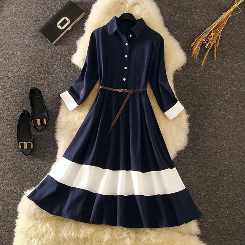 Осень 2019 новинка Женские винтажные синие Лоскутные рукава а-силуэт тонкие