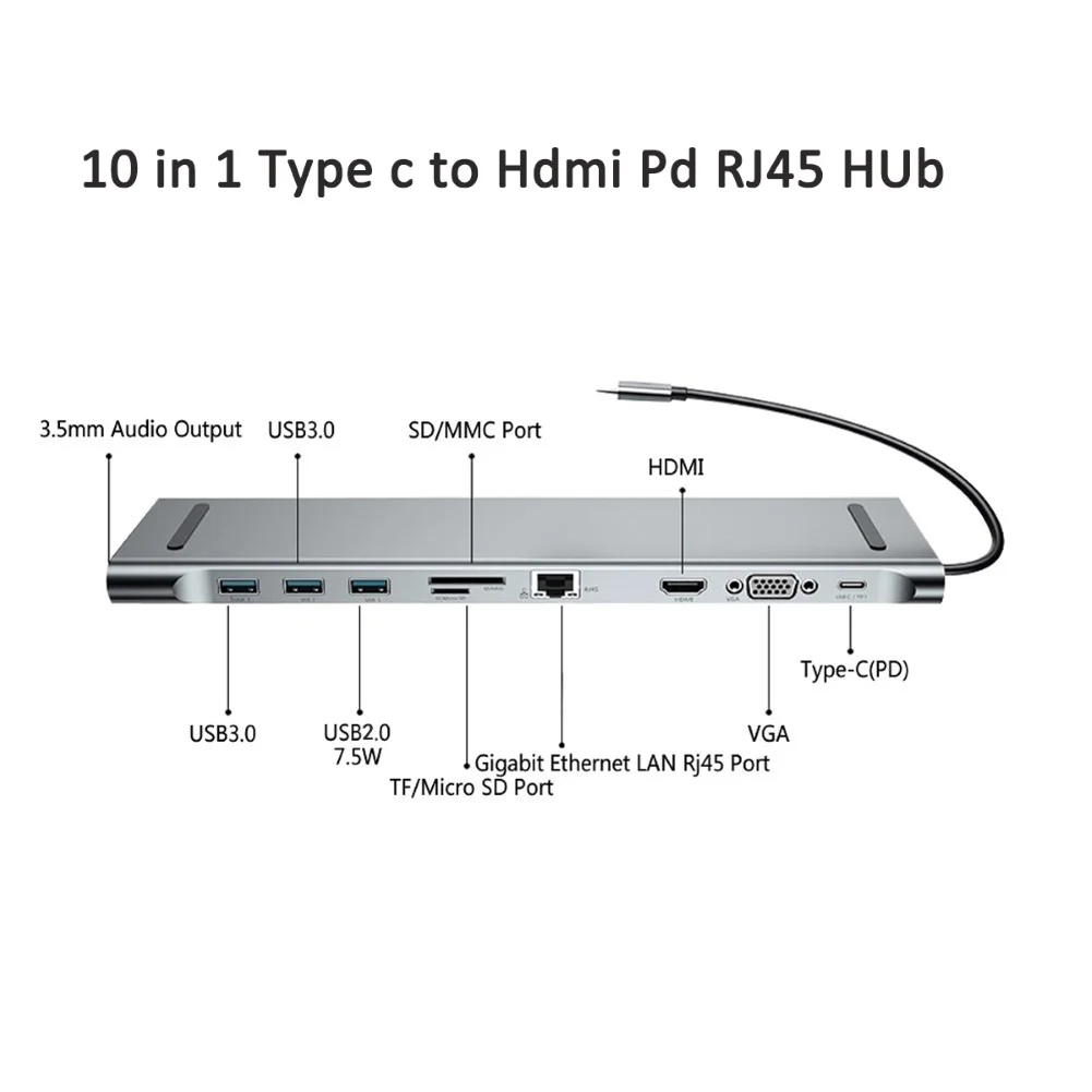 10 в 1 тип-c к 4K HDMI RJ45 USB 3,0 VGA 3,5 мм аудио порт концентратор адаптер док-станция