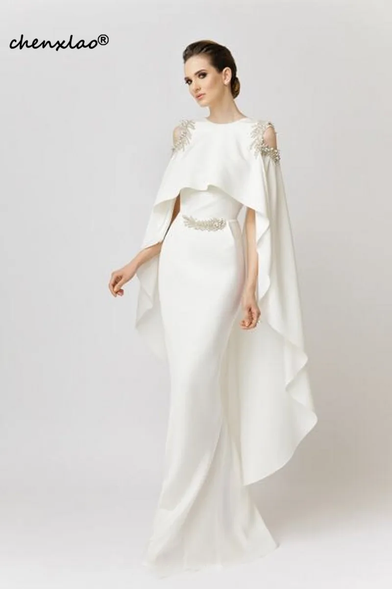 Элегантное Деловое платье белые вечерние наряды с шалью 2019 атласное бисерное Сауди арабское вечернее бальное платье в виде русалки