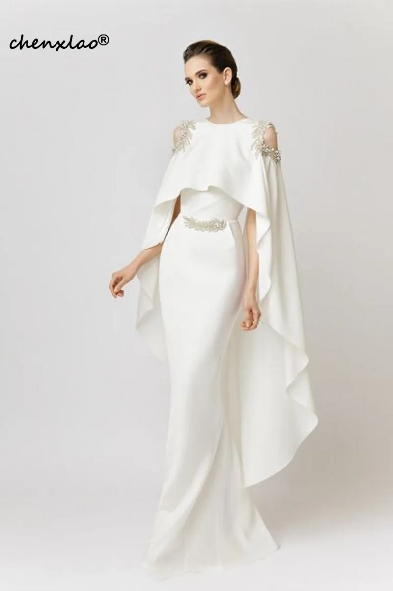 Branco com Shawl Cetim com Miçangas Vestido Longo Estilo Sereia Elegante Formal 2020 Saudita