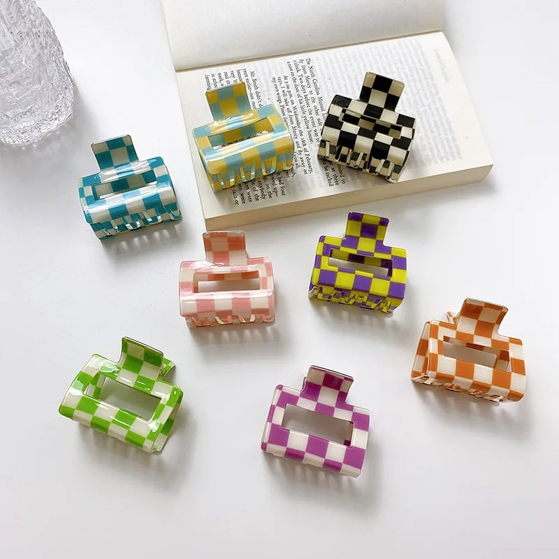 2021 Autumn New Fashion Women Hair Claw Clip Accessories Acrylic Geometric Color Grid For Sweet Girls Shark Hairpins Headdress