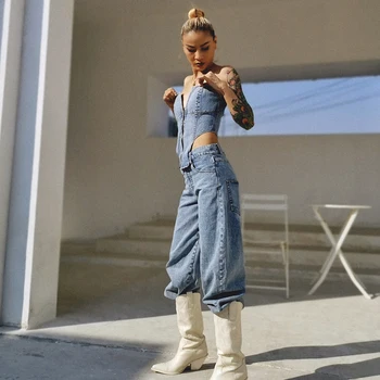 

L77street Sexy off Shoulder Denim Jumpsuits Women Sleeveless High Waist Jumpsuit Jeans Female