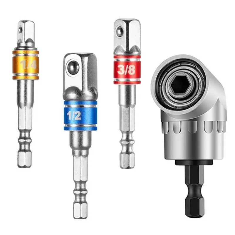 

105 Degree Right Angle Drill Bit + 1/4 3/8 1/2 Hex Shank Socket Adapter Kit