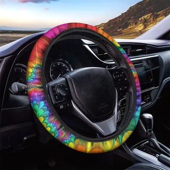 

INSTANTARTS Stylish Bohemian Flower Tie-dye Prints Steering Wheel Cover Set for Women Summer Breathable Car Steering Wheel Cover