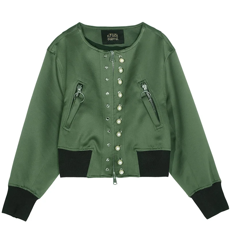 ELFSACK Vintage Embroidered Flares Satin Women Jackets, Autumn Green Casual Female Outwear Streetwear Fashion Korean Tops - Цвет: Green