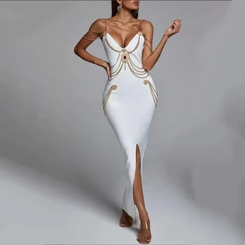High Quality New Black White Chain Spaghetti Strap V-Neck Split Bandage Dress Bodycon Celebrity Club Party Long Dress Vestidos 1