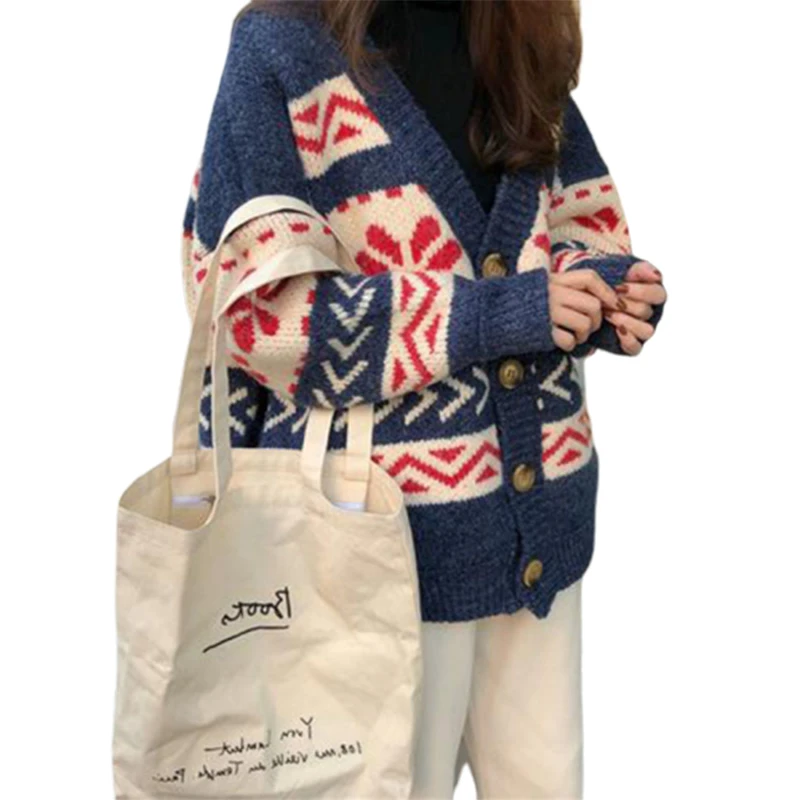 #Special Offers 2019 Pattern Thickening Christmas Sweater Women Knitted Long Cardigan Befree Autumn Sweaters Female Coat bright Korean Style