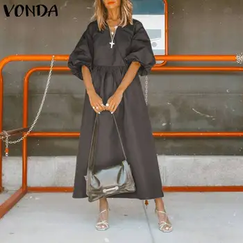 

VONDA Women Dress 2020 Summer Beach Sundress Bohemian Vintage Casual V Neck Half Sleeve Party Dress Plus Size Robe Femme
