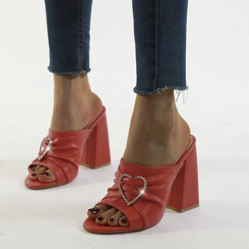 Peep Toe Plus Size 35-42 Rhinestone Solid Color Women's Slippers Sandals Fashion High Heels Ladies Slides NIUFUNI Women's Shoes