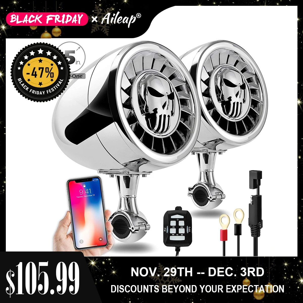 

Aileap High Performance 5 Inches Waterproof ATV/UTV/RZR Motorcycle Bluetooth Speaker Heavy Duty Bass Boat Audio System AUX MP3