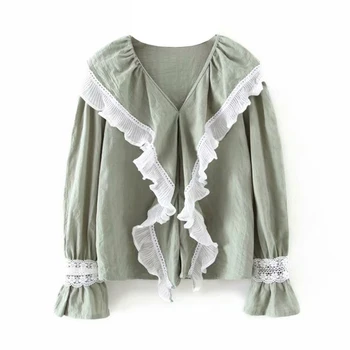 

Sweet white short style blouse three quarter sleeve female casual shirt Lace Spliced ruffles tops blusas