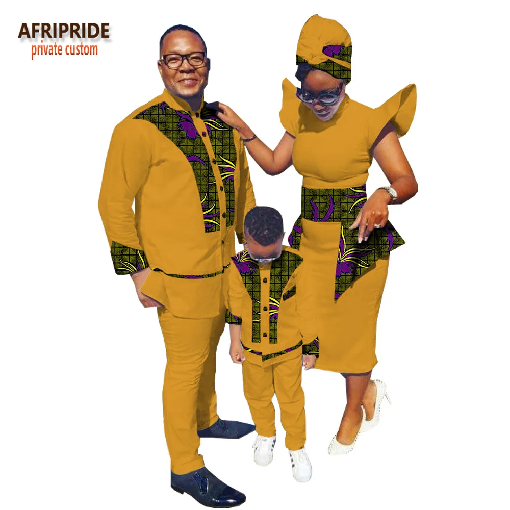 Семейная одежда с принтом в африканском стиле AFRIPRIDE, мужской костюм+ женское платье до середины икры с платьем и шарфом+ костюм для мальчиков Семейный комплект, A18F001 - Цвет: 548J