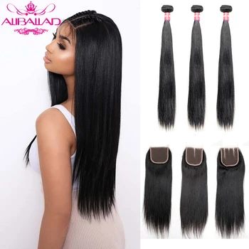 

Aliballad Straight Brazilian Hair Weave 3 Bundles With Closure 4x4 Inch Middle Part Remy Human Hair Bundles With Closure