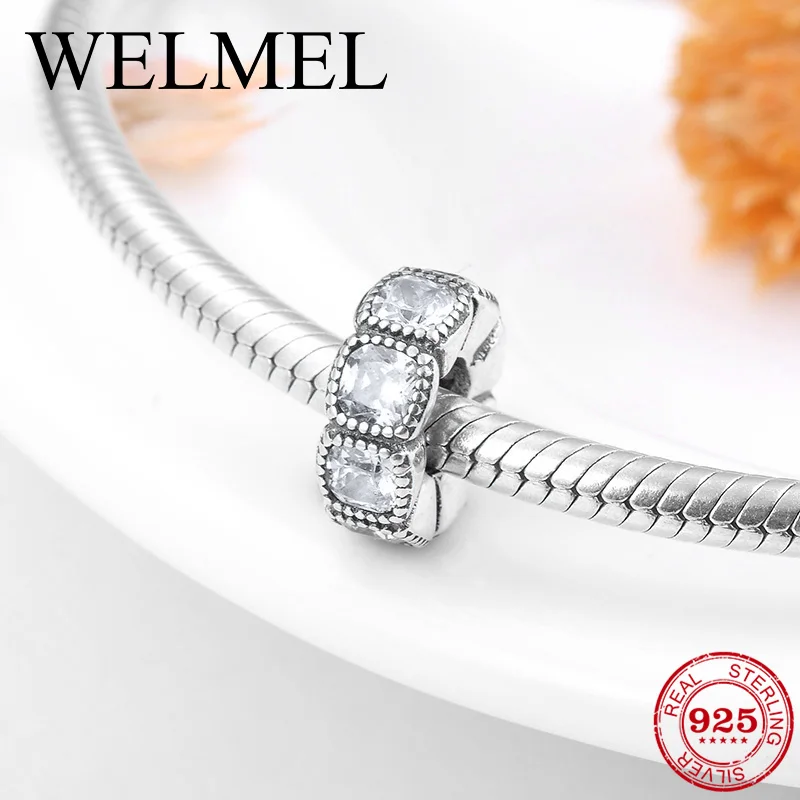 

Fashion 925 Sterling Silver Rounded square spacer beads with clear zirconia Fit Original Pandora Charms Bracelet Jewelry Making
