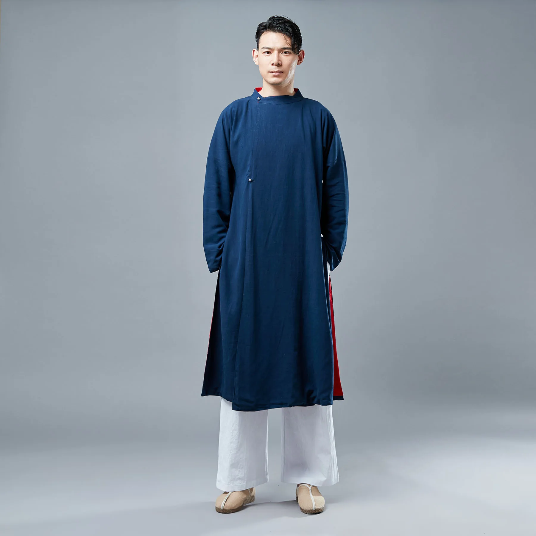 

Origional Autumn New Style Silver Clasp Contrast Color Robe Men's Nation Literature And Art-Style Cheongsam Stand Collar Casual
