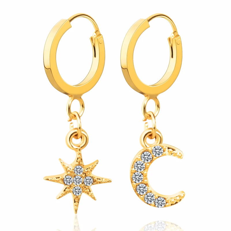 

BICUX New Fashion Crystal Dangle Korean Earrings For Women Geometric Small Moon Asymmetric Gold Drop Earring Wedding Jewelry