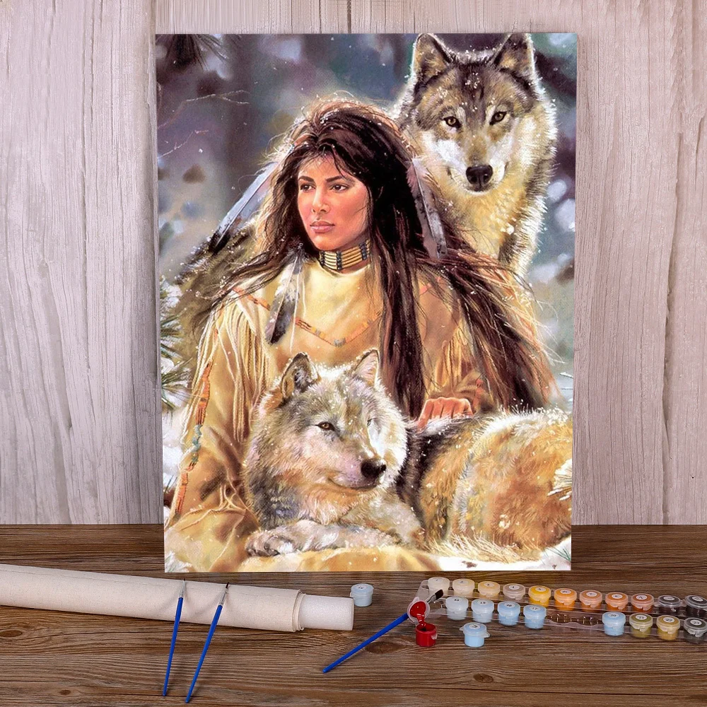 Indian Wolf Animal Painting By Numbers Kit Oil Paints 40*50 Painting On