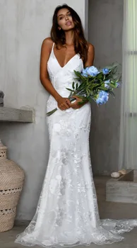 

White Lace Long Evening Dress 2020 explosion sexy sleeveless V-neck Sling dress Mocini Tailor