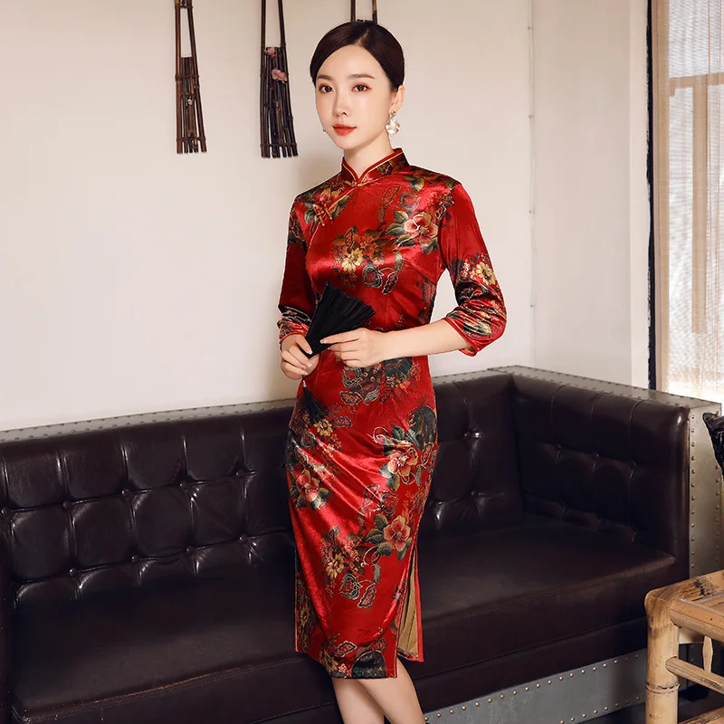 Новинка, элегантное женское велюровое свадебное платье Cheongsam с китайским цветочным принтом, большие размеры 4xl, тонкое сексуальное платье Qipao Vestidos