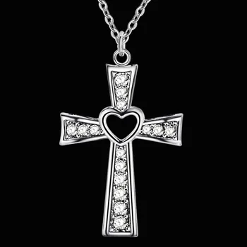 

Silver Color Cross Pendant Necklace Heart Shape Out Crystal Crucfix Necklace Jewely for Woman