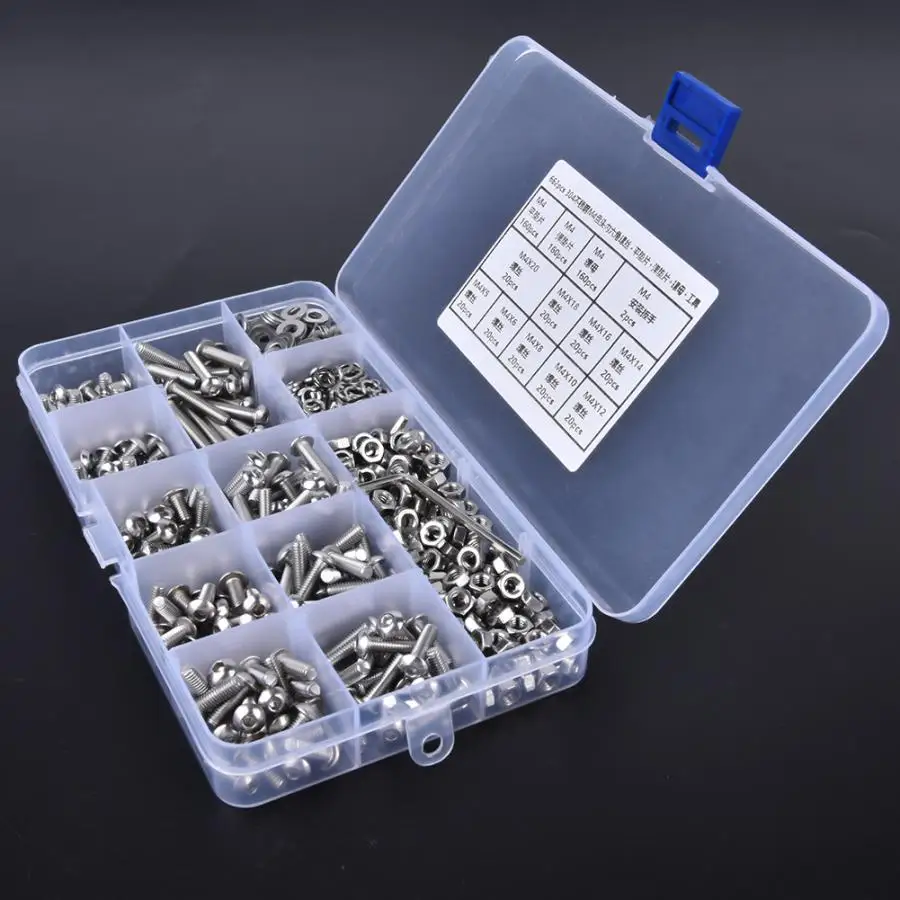 Flat Head Screws,662pcs SUS304 M4 Countersunk Hex Socket Screw Nut Flat Washer Spring Gasket Wrench Assorted Kit