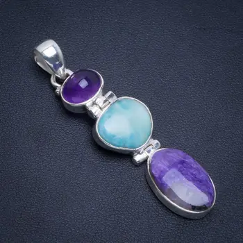 

Natural Charoite,Caribbean Larimar&Amethyst Handmade Unique 925 Sterling Silver Pendant 2.25" B3938