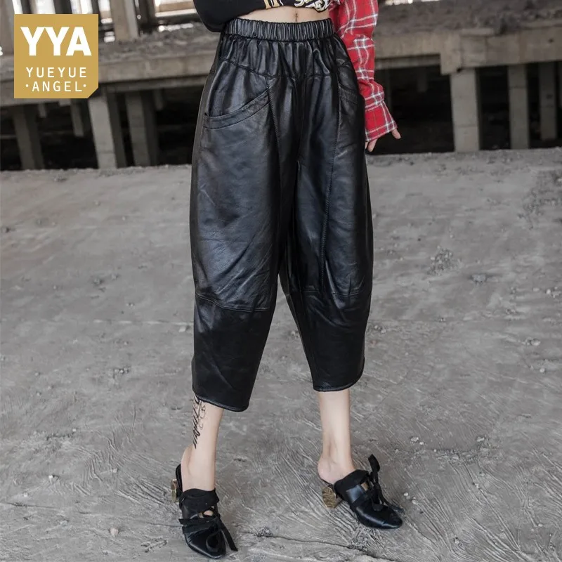 Casual Streetwear Sheepskin Calf Length Pants Women Elastic Waist Summer  Female Loose Fit Genuine Leather Harem Pants