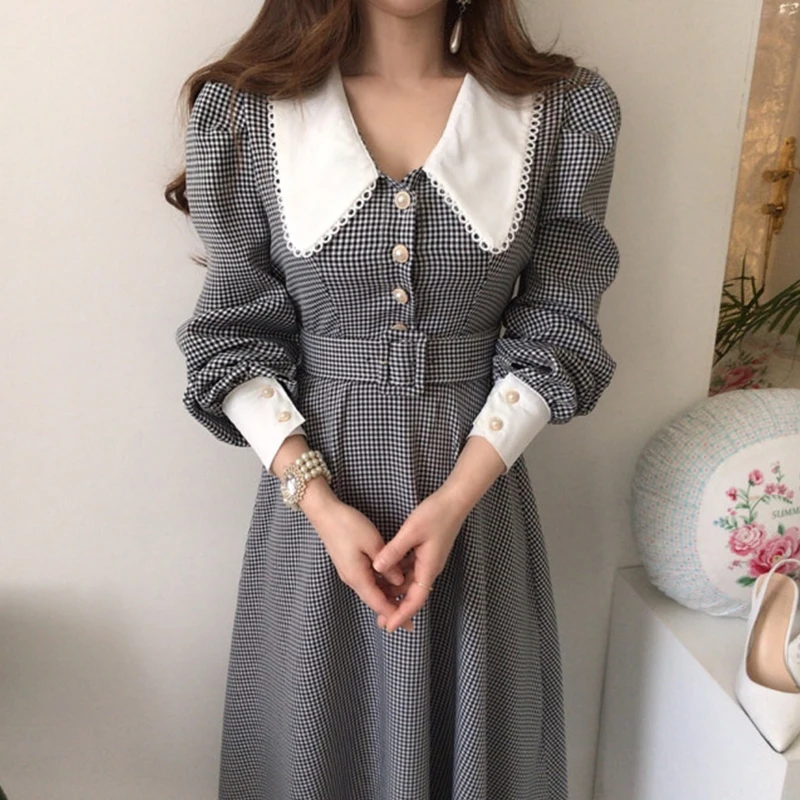 Vintage Lace Plaid Puff Sleeve Woman Dresses Women Korean Temperament Office Single breastedMatching BeltLady Lape Slim Dress