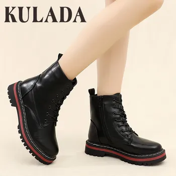 

KULADA New Winter Boots Women Lace-up Boots British Style Side Zip Casual Short Boots Non-slip Platform Ladies Super Warm Boots