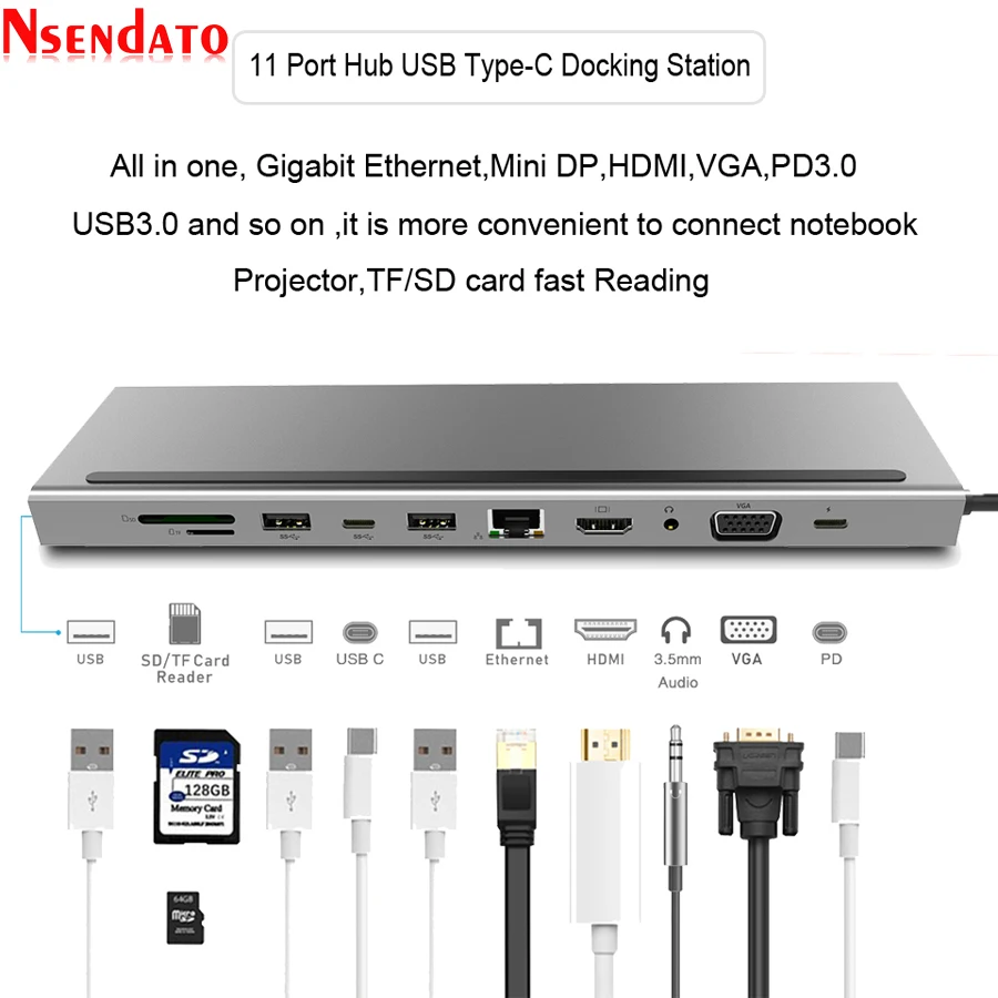 11 в 1 концентратор USB Type C к USB 3,0 HDMI RJ45 USB разветвитель концентратор кардридер PD док-станция для MacBook Pro ноутбук зарядное устройство ПК