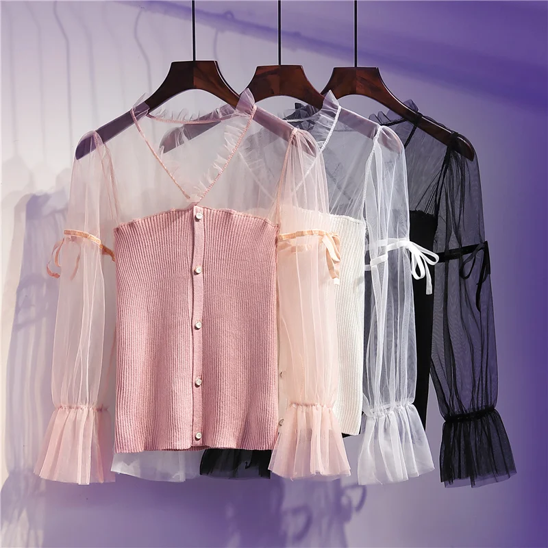 

Fairy palace style mesh gauze stitching sweater female spring and summer was thin puff sleeve bottoming shirt