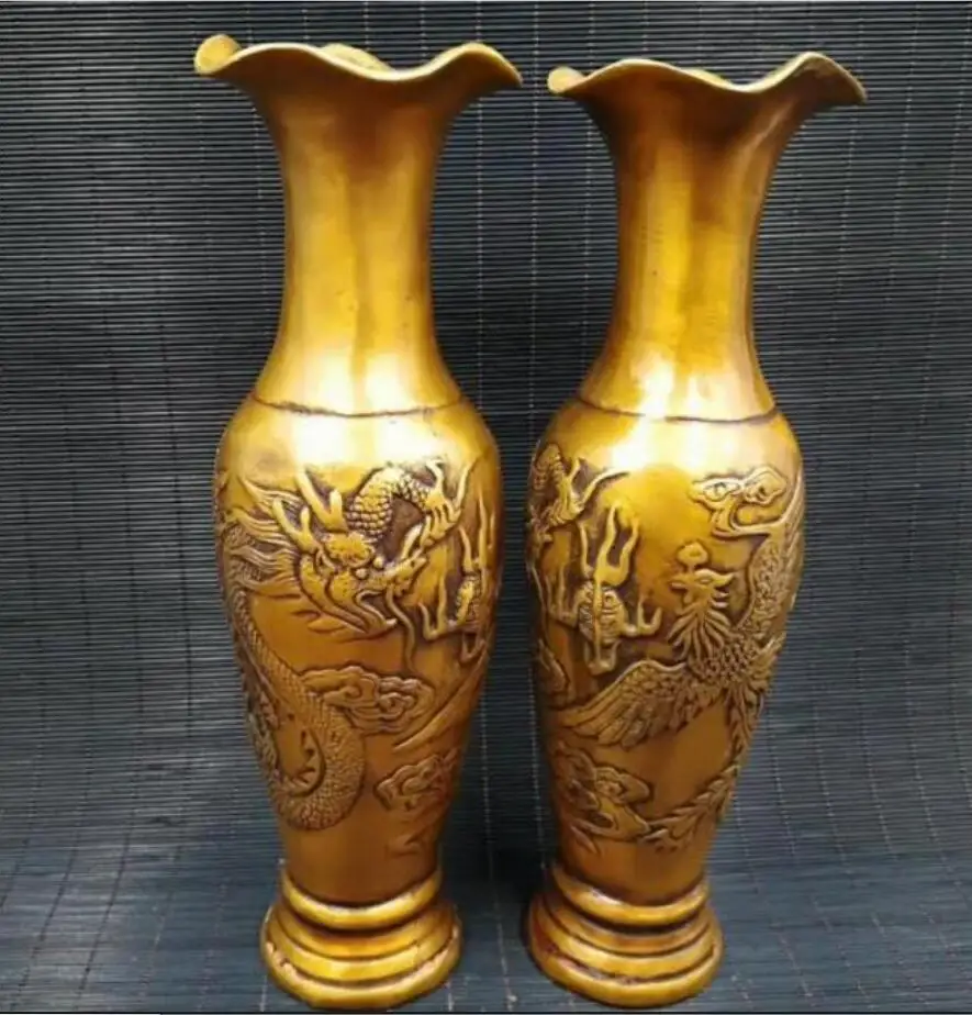Copper Statue Chinese archaize Brass Dragons and phoenixes vase A pair | Дом и сад
