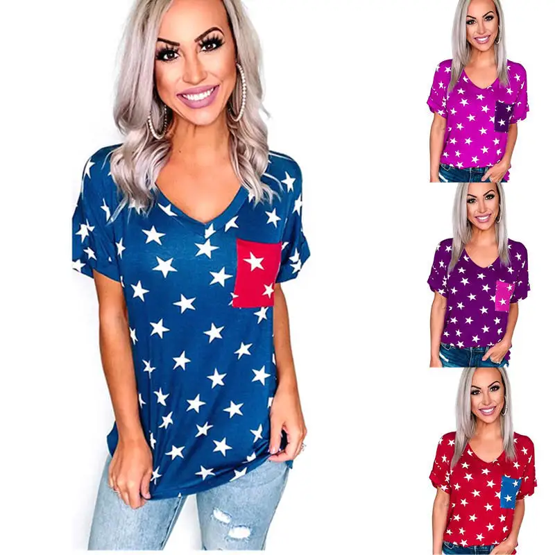 Women Ladies Casual Summer Short Sleeved Stitching Color Star Printing V Neck Loose Fitting Pocket T-Shirts Tunic Tops | Женская одежда