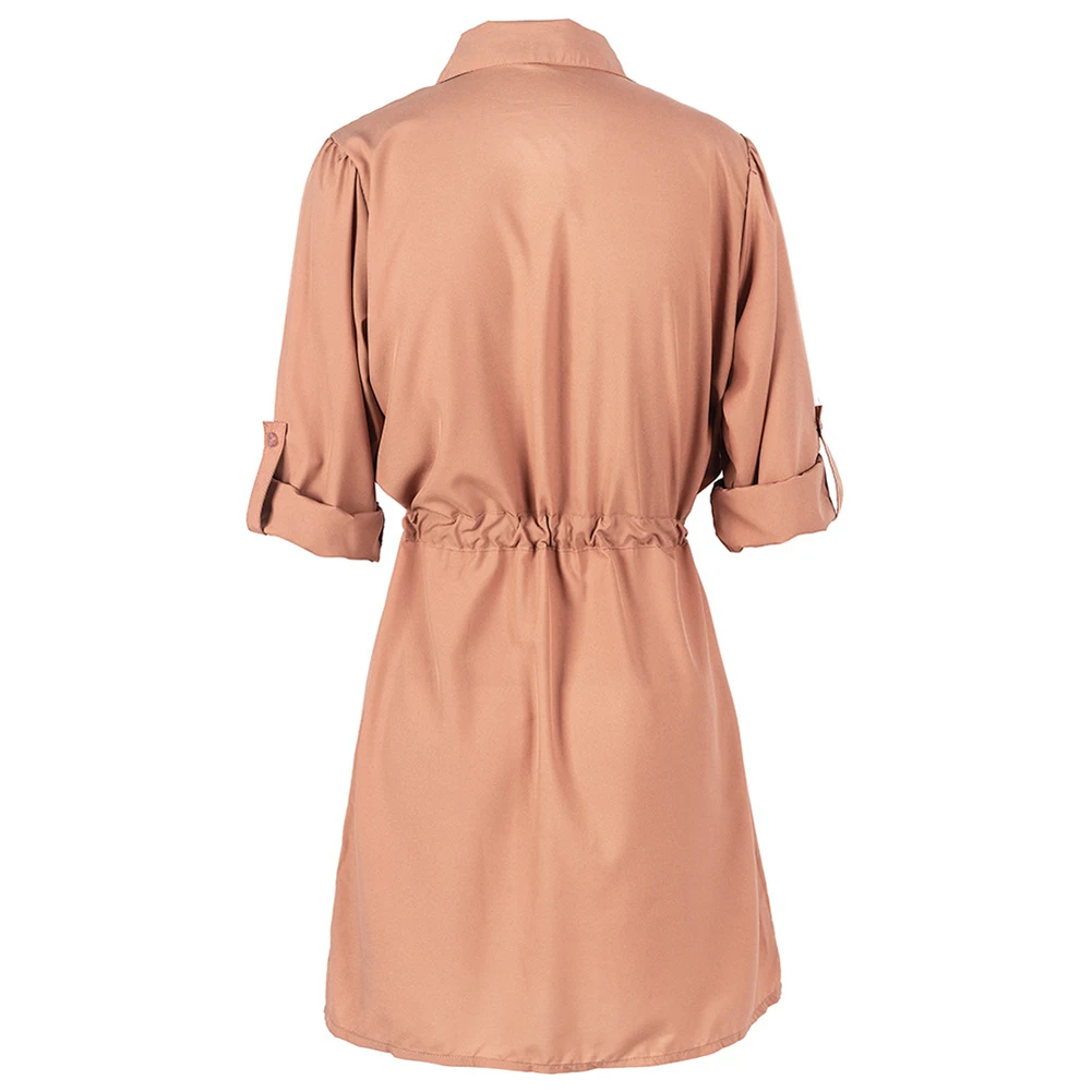 Lzecella винтажное элегантное женское мини-платье-рубашка, повседневное короткое платье с длинным рукавом, отложной воротник, на шнуровке, льняные женские платья