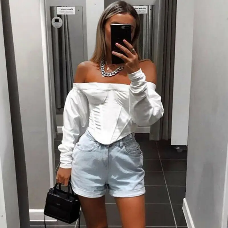 

Sexy Women Crop Tops White Blouse Shirt Slash Neck Female Off shouder Long Lantern Sleeve Bra Shaped Stripes Blusa Streetwear