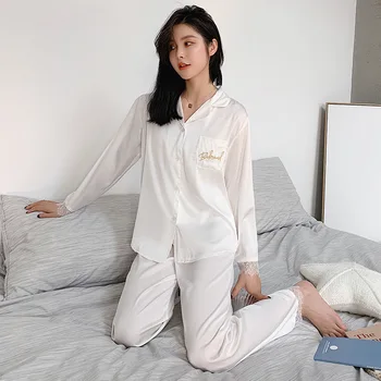 

Women's Spring and Autumn Thin Ice Silk Two Piece Suit Silk Long Sleeve Lace Clothing Home Wear Pijama Invierno Ropa De Mujer