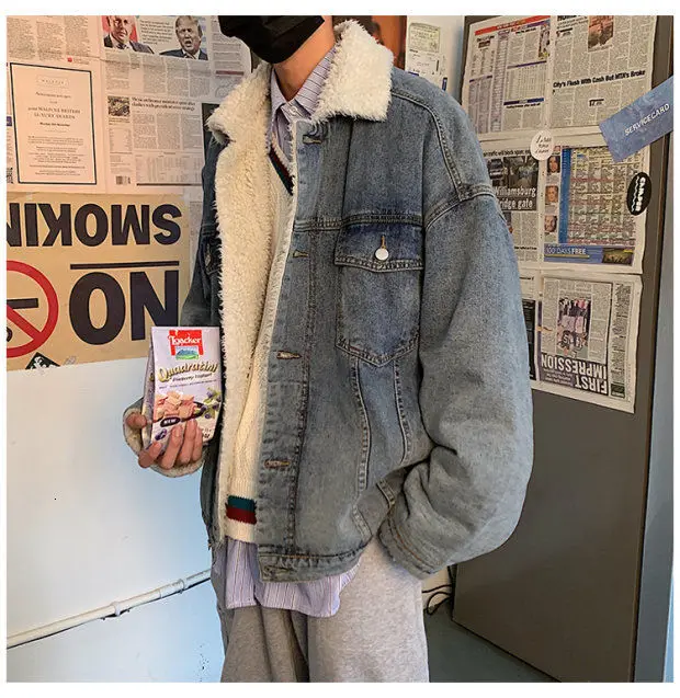 Winter Plus Velvet Thick Denim Jacket Men's Warm Parka Men Fashion Lamb Fur Coat Man Loose Cotton Denim Jacket Male Clothes