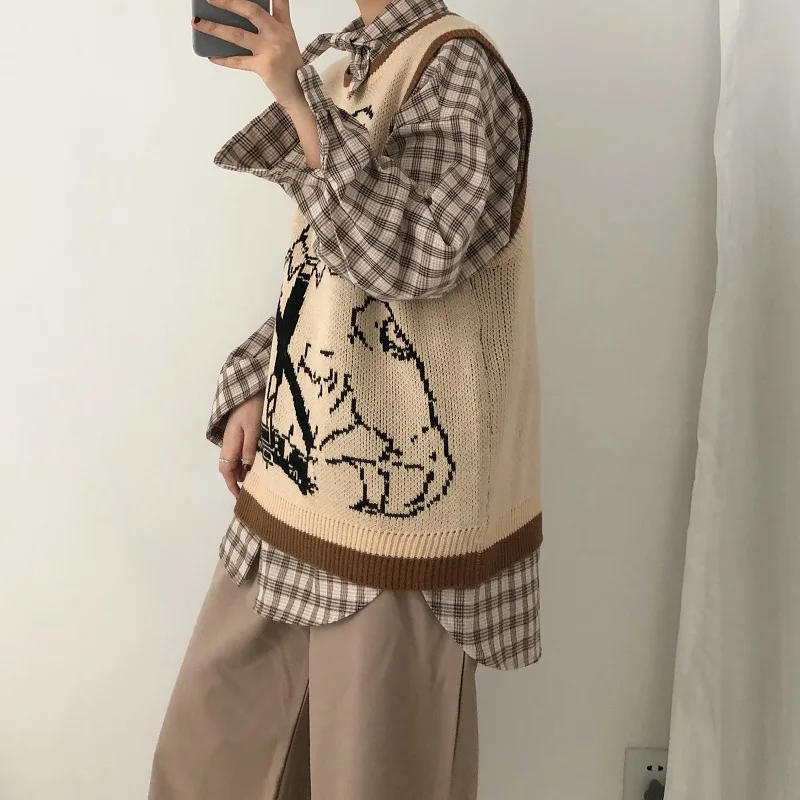 Vintage Cartoon Printed Knitted Sweater Vest Casual Sleeveless Loose Pullover Tank Tops Female Oversized Pullovers Femme