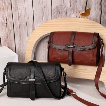 

HUGWISER New Original Vintage Leather Elegant Lady Handbag Head Layer Leather Hundred-strap One-shoulder Small Square Bag Trends