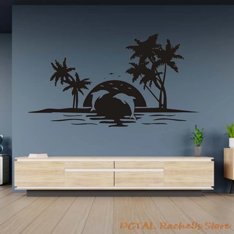 Tropical Island Resort Seashore Sticker Palm Seagull Dolphin Silhouettes Home Decor Vinyl Decal Coconut Tree Living Room Bedroom