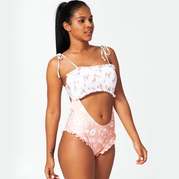 

Cut Out Swimsuit One Piece Women Bandeau Swimwear Woman Floral Print One-piece Swimsuits Pink Strapless Swim Suit Ruffle Hollow
