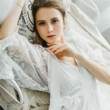 

Sexy Robe Set Two Pieces Spaghetti Strap Deep V Neck White Cotton Sleepwear Lace Bathrobe Nightgown Long Negligee