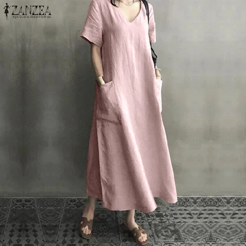 ZANZEA 2022 여성 긴 맥시 여름 드레스 캐주얼 코튼 린넨 숙녀 빅 포켓 비치 파티 가운 Femme Vestidos 2