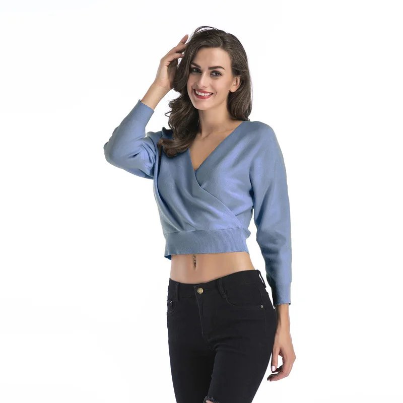 

Autumn Women Pullover Sweater Sexy Bat Sleeve Deep V Neck Crop Sweater Loose Clothing Knitted Tops Pull Jumpers Black Blue Khaki