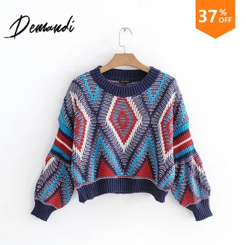 

DEMANDI women's sweater Pullover autumn and winter new national style diamond pattern jacquard round collar long sleeve sweater